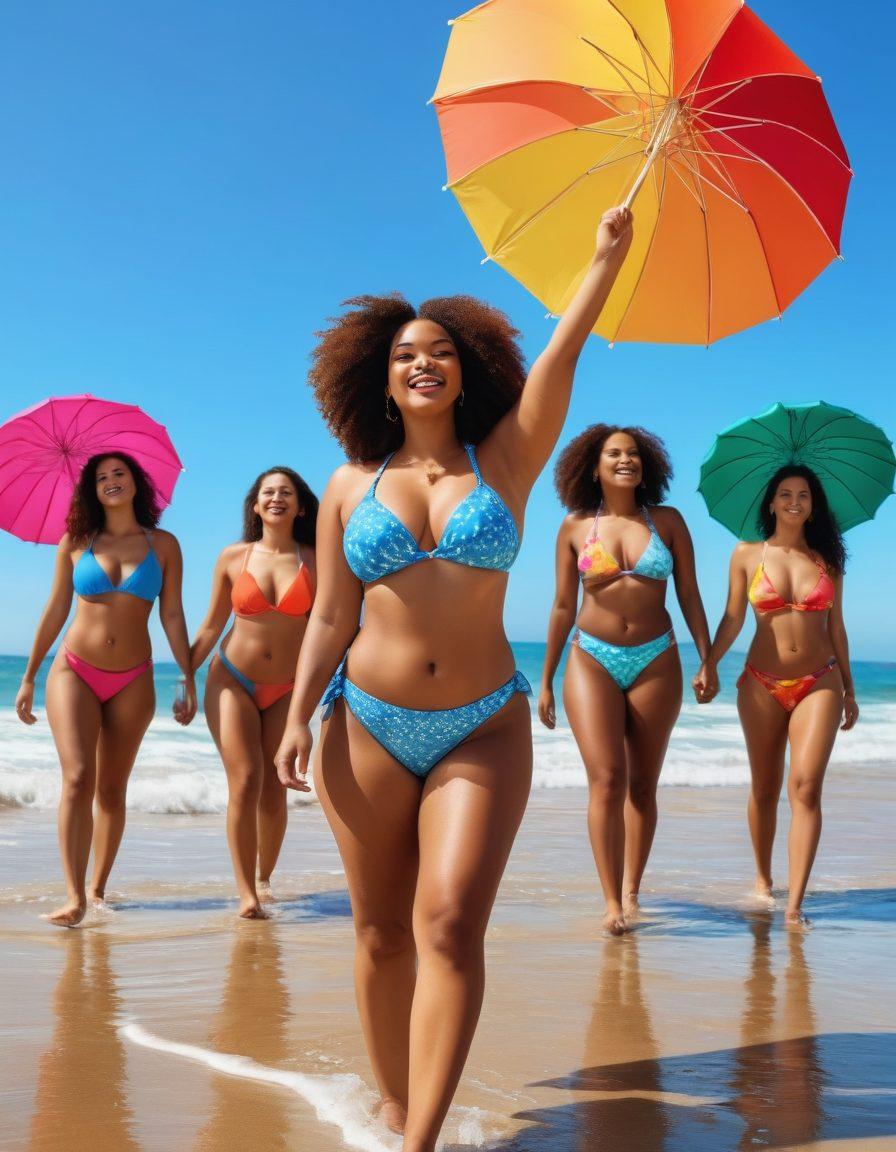 A diverse group of women confidently flaunting their unique bikini styles on a sunny beach, radiating body positivity and joy. The waves gently crash in the background, with vibrant beach umbrellas and colorful beach balls accentuating the lively atmosphere. Each woman represents different body types and ethnicities, showcasing a powerful sense of self-love and confidence. Shimmering sand and a bright blue sky add to the summery vibe. super-realistic. vibrant colors. beach setting.